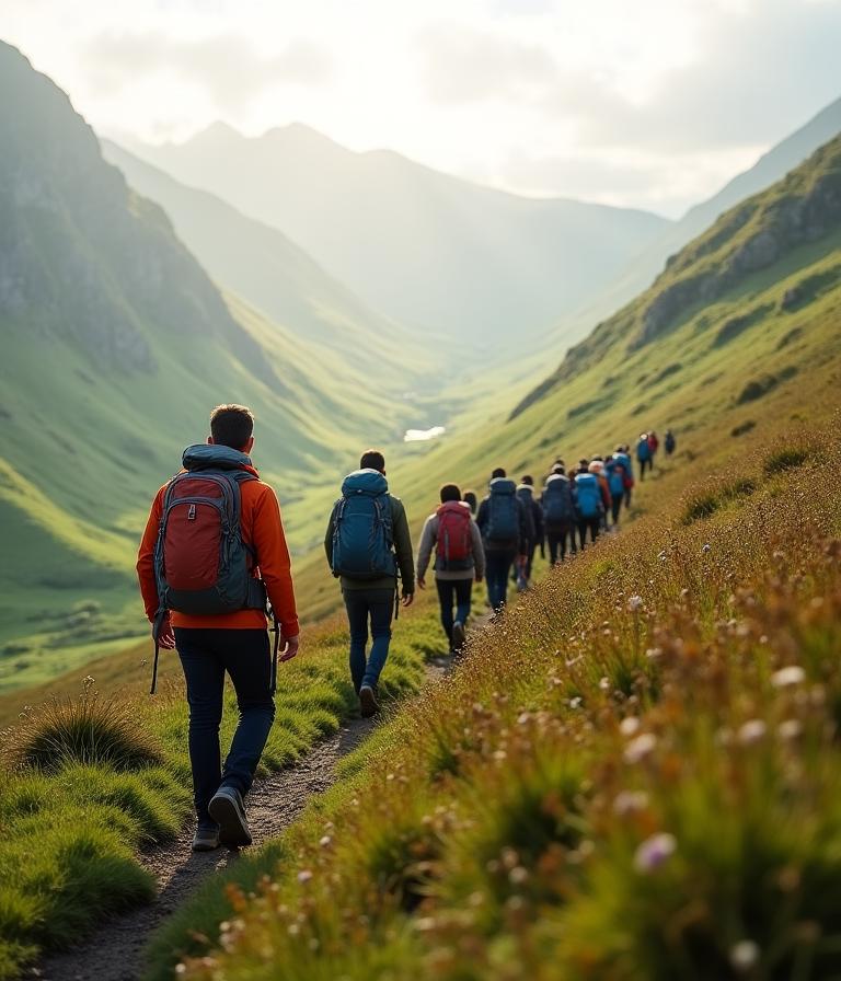 Guided mountain hikers on a scenic Irish peak, morning light across a green valley
