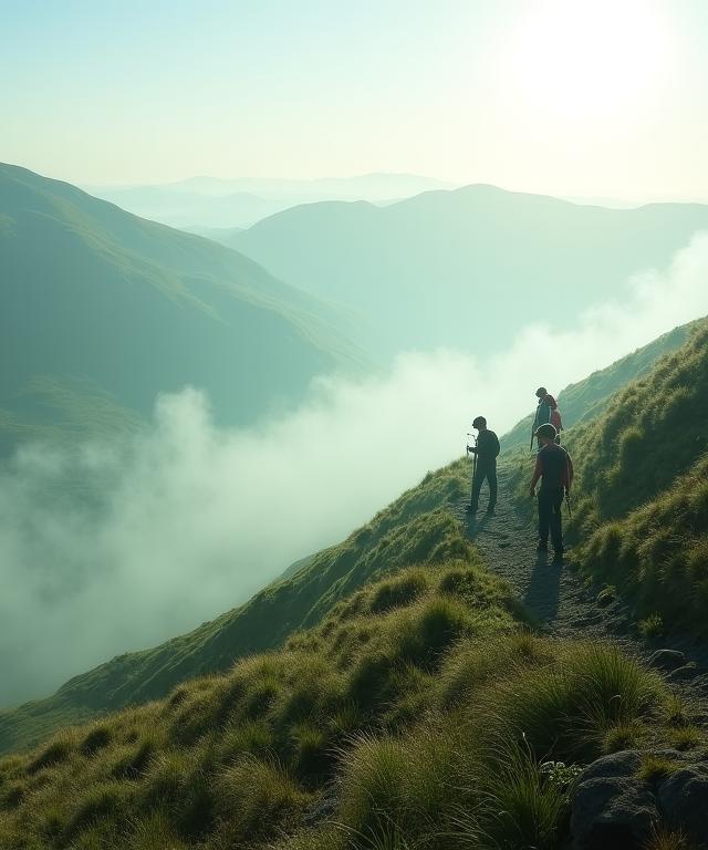 Group of hikers walking along a misty Wicklow Mountains ridge on a clear weekend morning